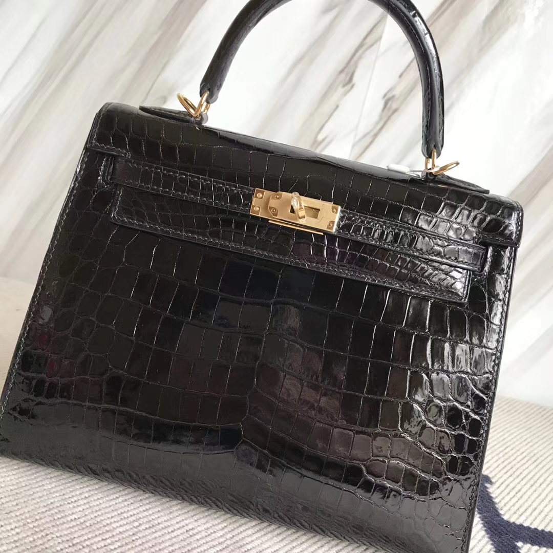 Noble Hermes Kelly Bag25CM in CK89 Black Shiny Crocodile Leather Gold Hardware