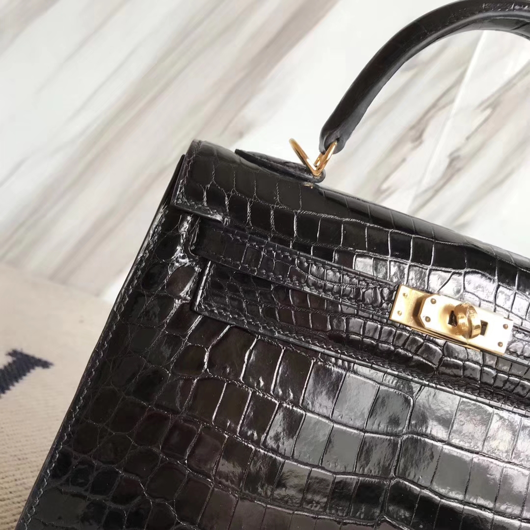 Noble Hermes Kelly Bag25CM in CK89 Black Shiny Crocodile Leather Gold Hardware