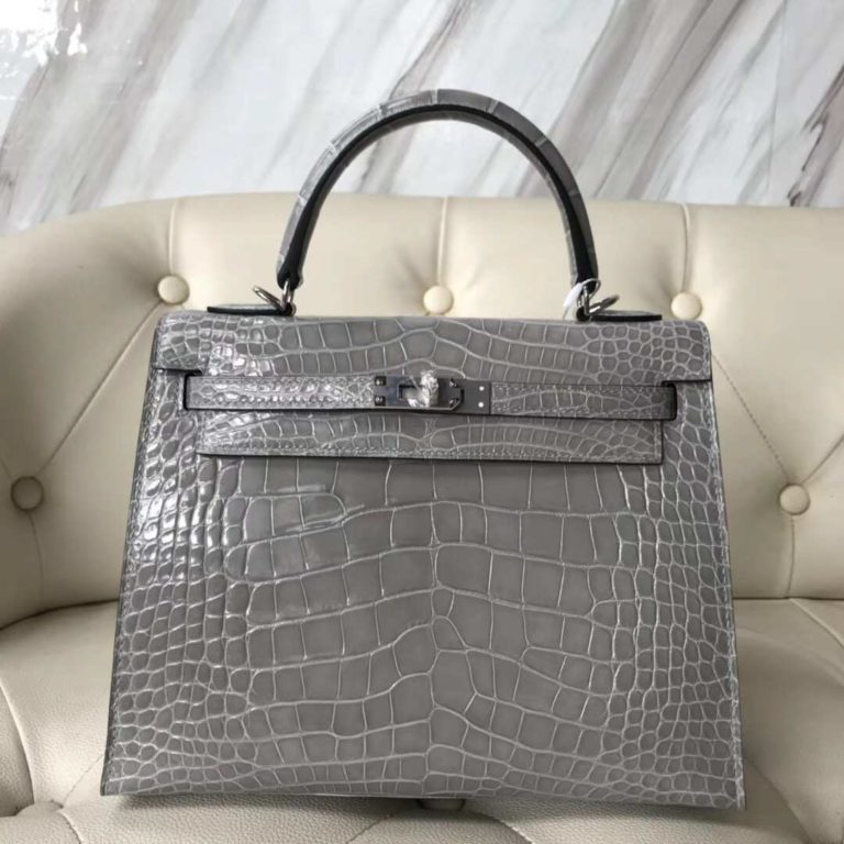 Hermes Glacier Grey Shiny Crocodile Leather Kelly 25CM Bag Silver Hardware