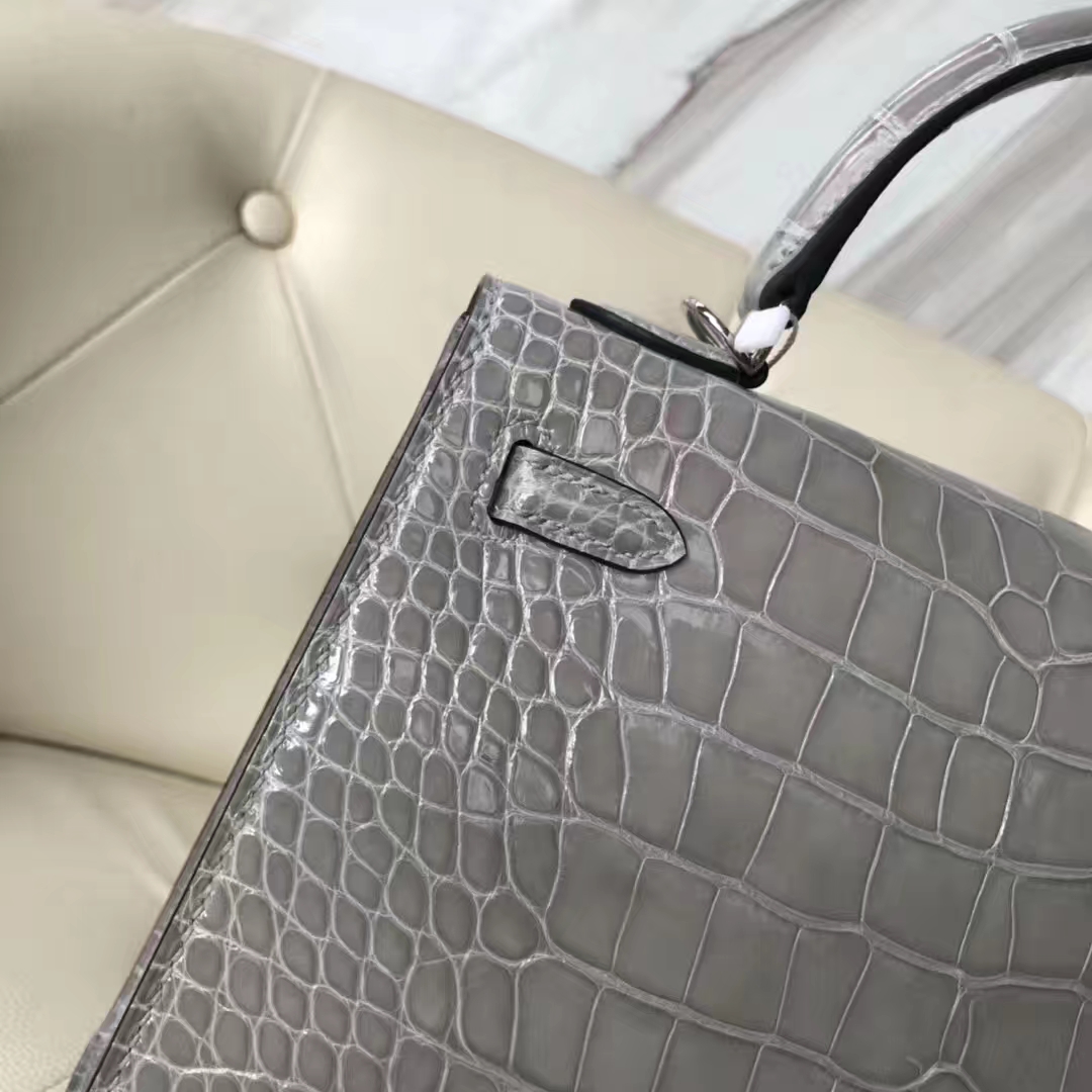 Discount Hermes Glacier Grey Shiny Crocodile Leather Kelly25CM Bag Silver Hardware