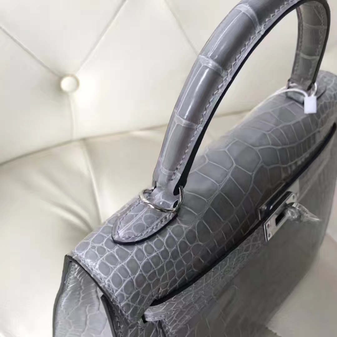 Discount Hermes Glacier Grey Shiny Crocodile Leather Kelly25CM Bag Silver Hardware