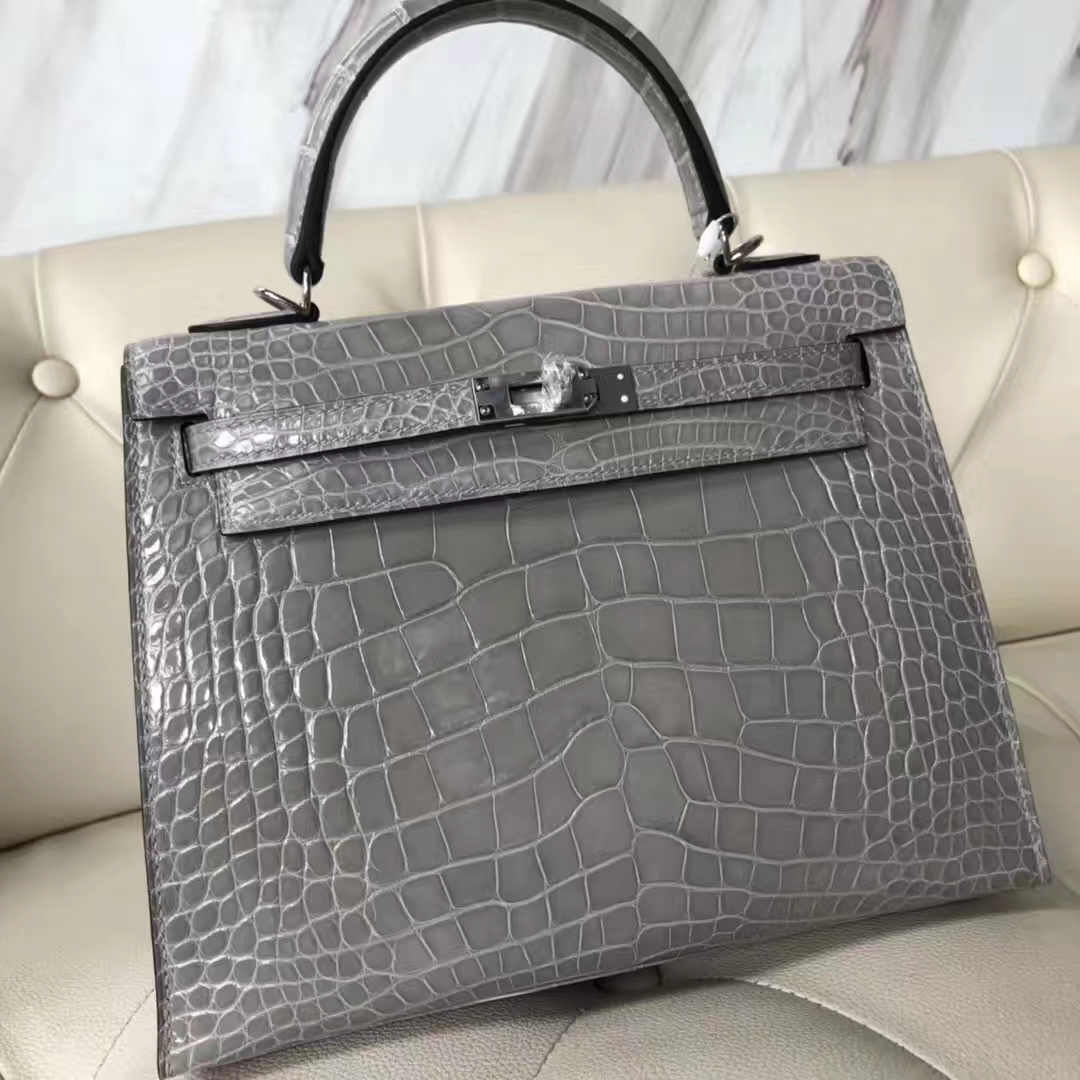 Discount Hermes Glacier Grey Shiny Crocodile Leather Kelly25CM Bag Silver Hardware