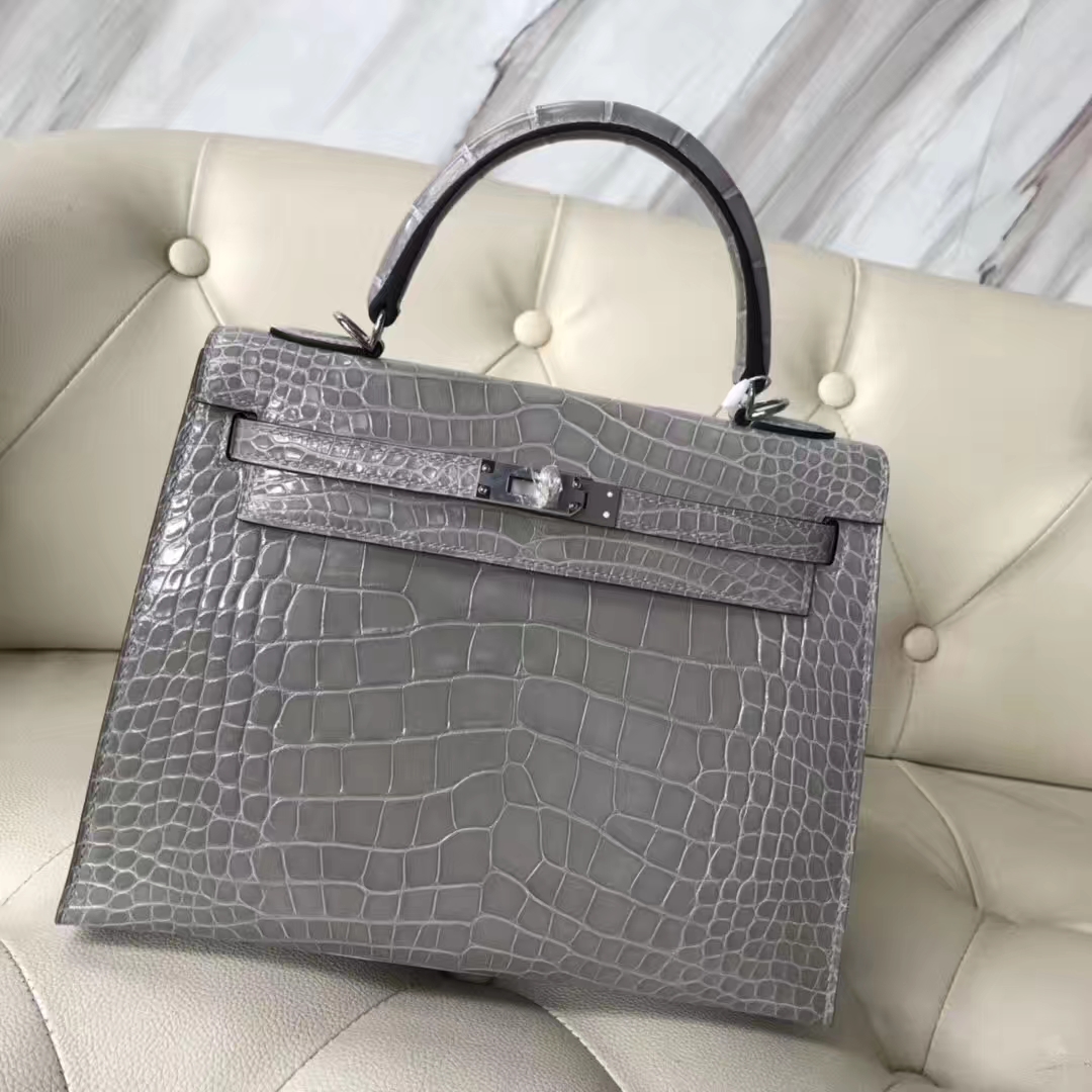 Discount Hermes Glacier Grey Shiny Crocodile Leather Kelly25CM Bag Silver Hardware