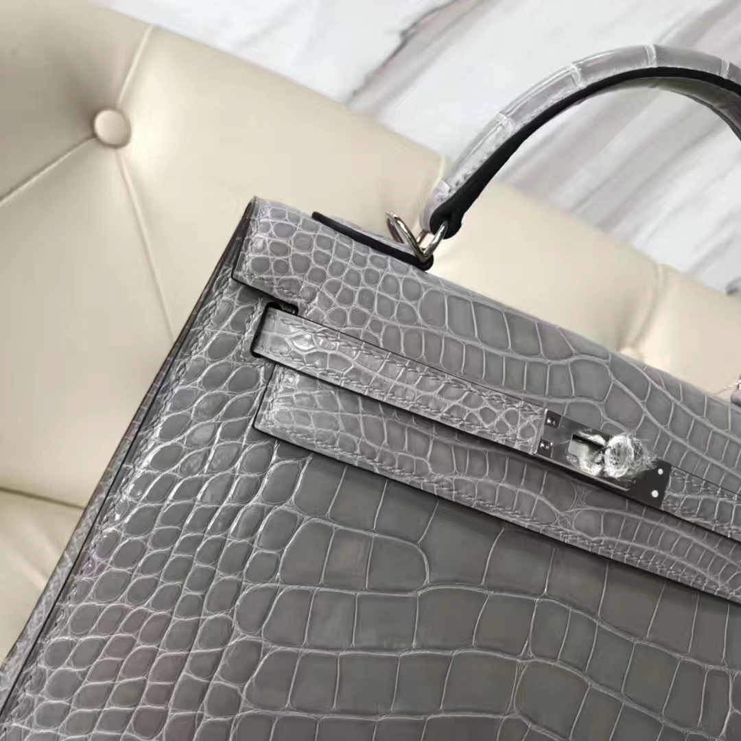 Discount Hermes Glacier Grey Shiny Crocodile Leather Kelly25CM Bag Silver Hardware