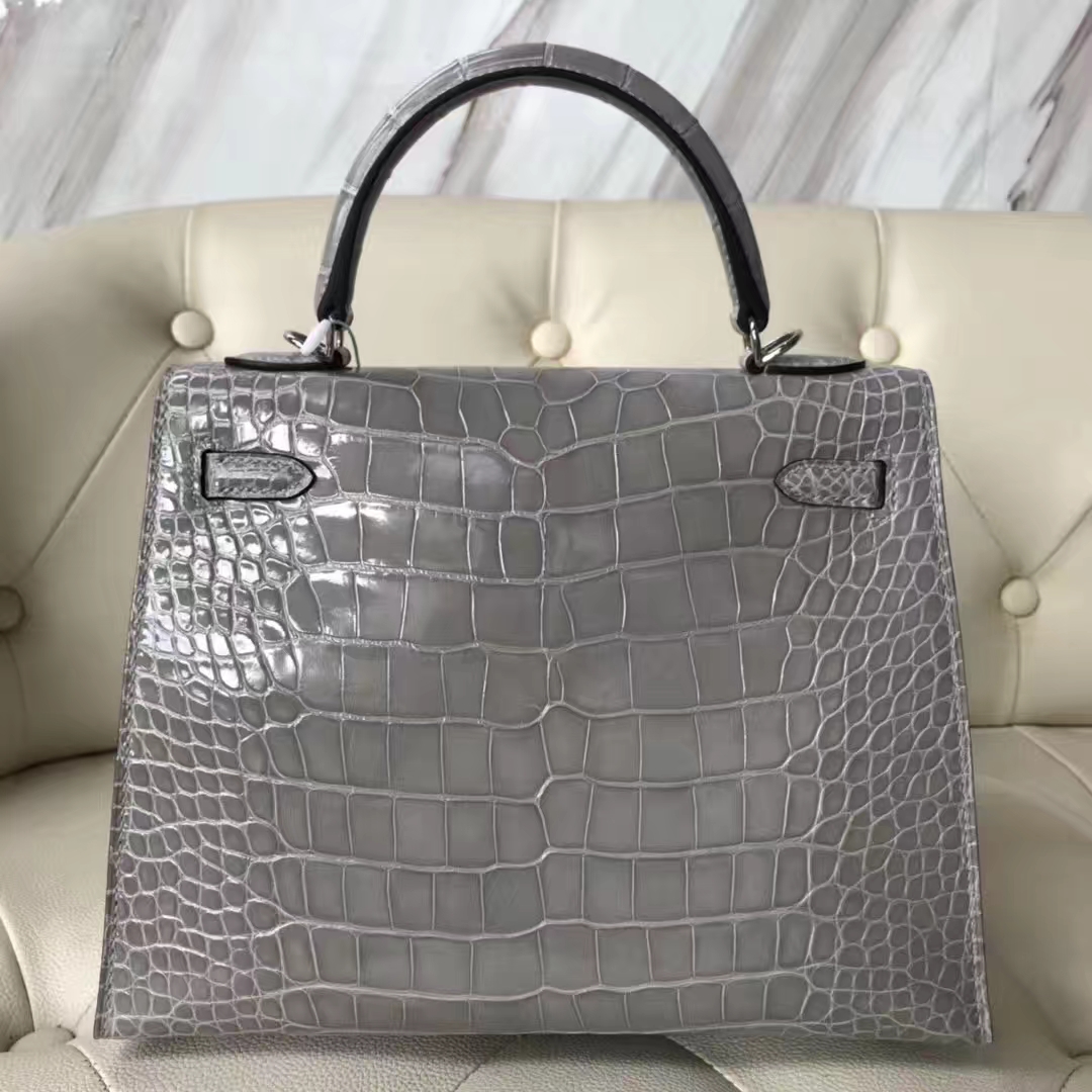 Discount Hermes Glacier Grey Shiny Crocodile Leather Kelly25CM Bag Silver Hardware