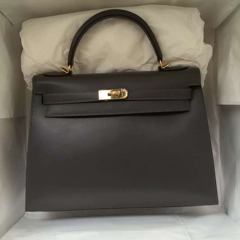 Hermes 8F Etain Grey Box Leather Sellier Kelly Bag  32CM Womens Tote Bag