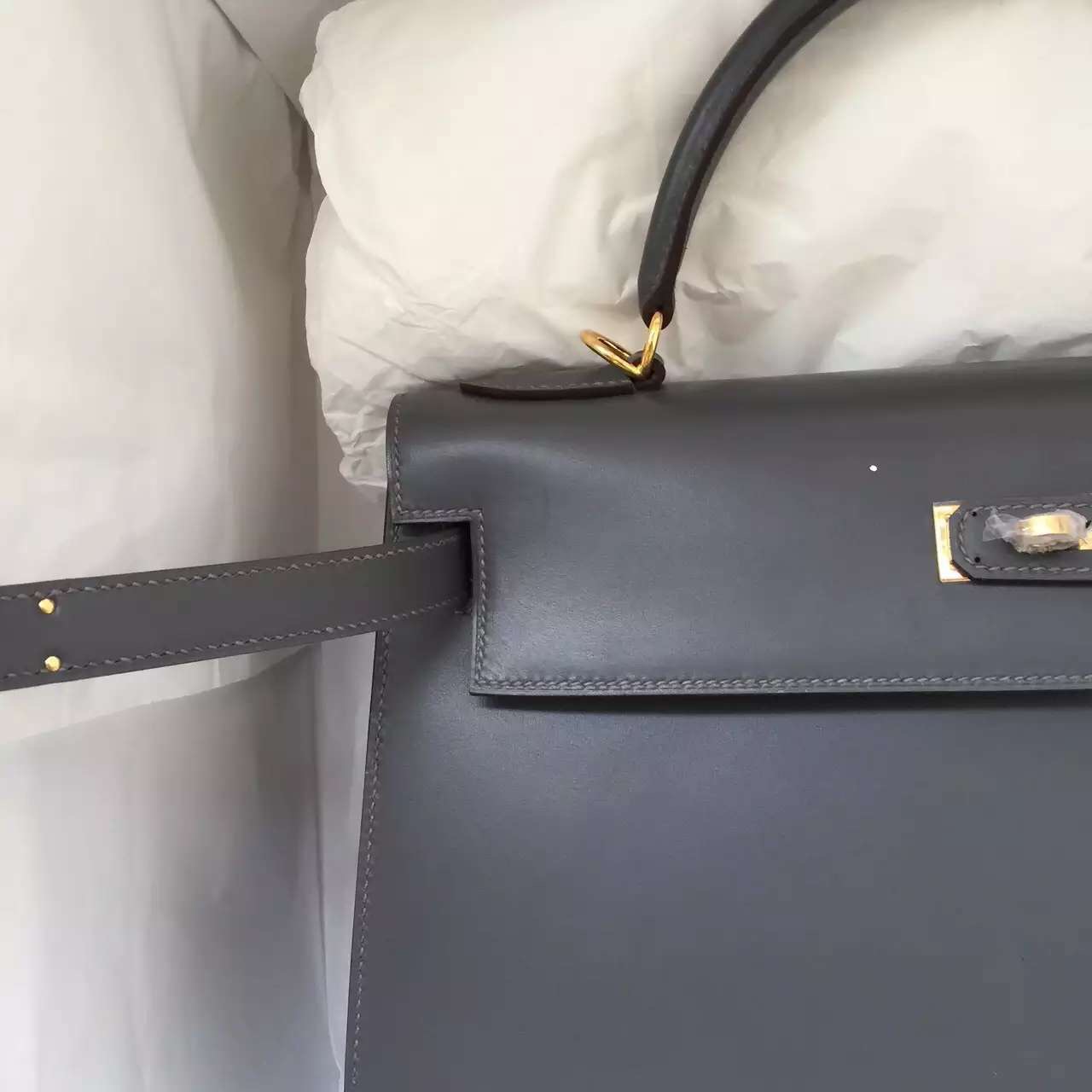 Hermes 8F Etain Grey Box Leather Sellier Kelly Bag 32CM Women&#8217;s Tote Bag