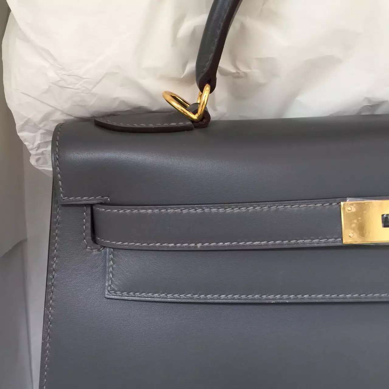 Hermes 8F Etain Grey Box Leather Sellier Kelly Bag 32CM Women&#8217;s Tote Bag