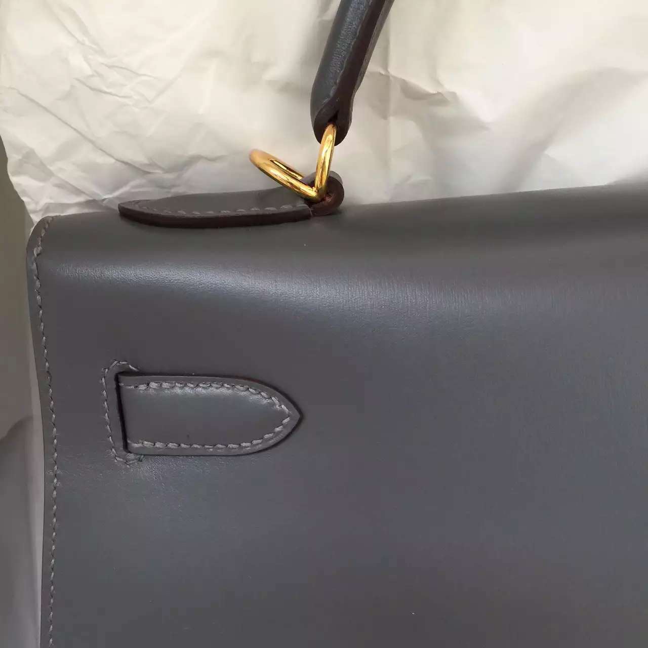 Hermes 8F Etain Grey Box Leather Sellier Kelly Bag 32CM Women&#8217;s Tote Bag