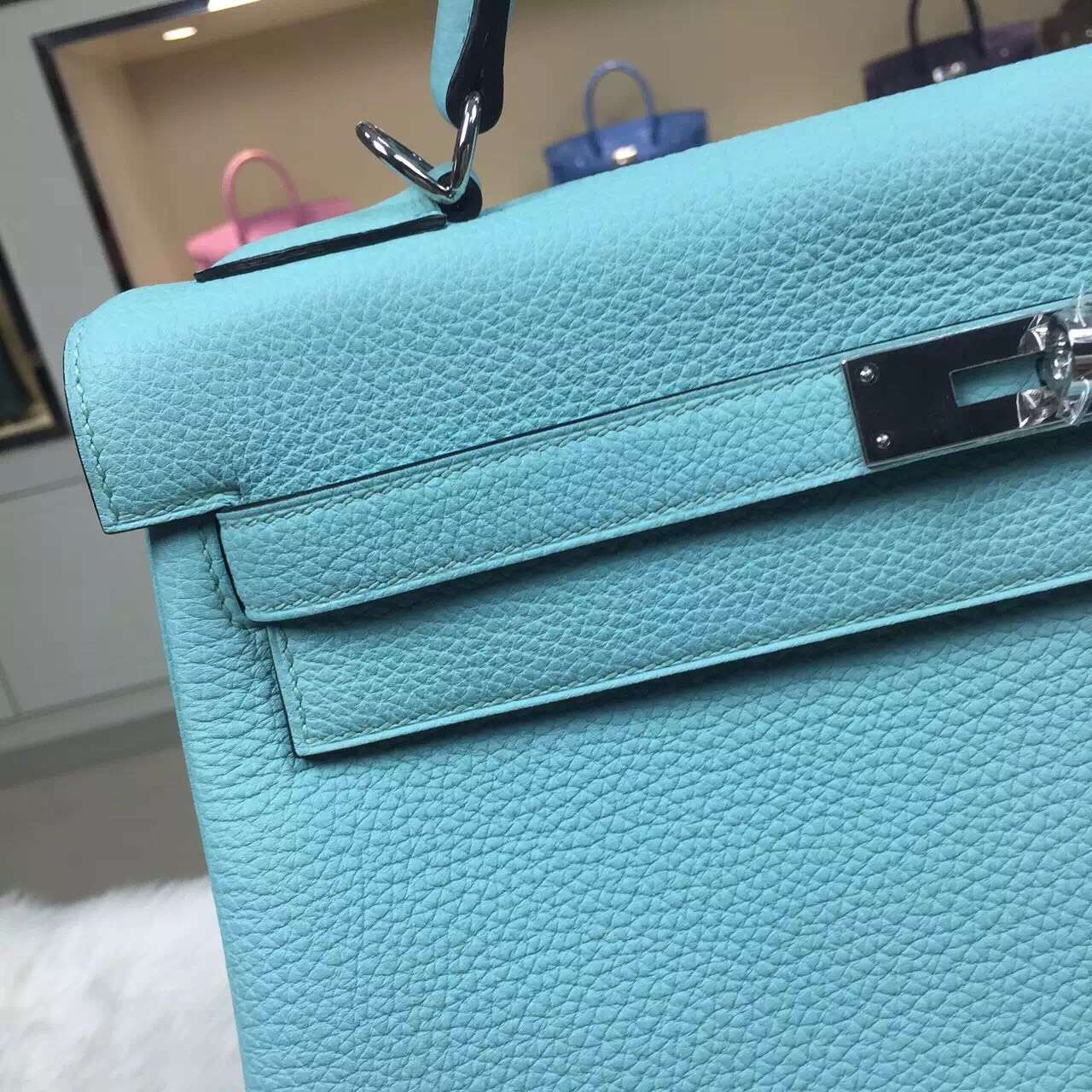 Hand Stitching Hermes Kelly 32CM Togo Calfskin Leather in 3P Lagon Blue