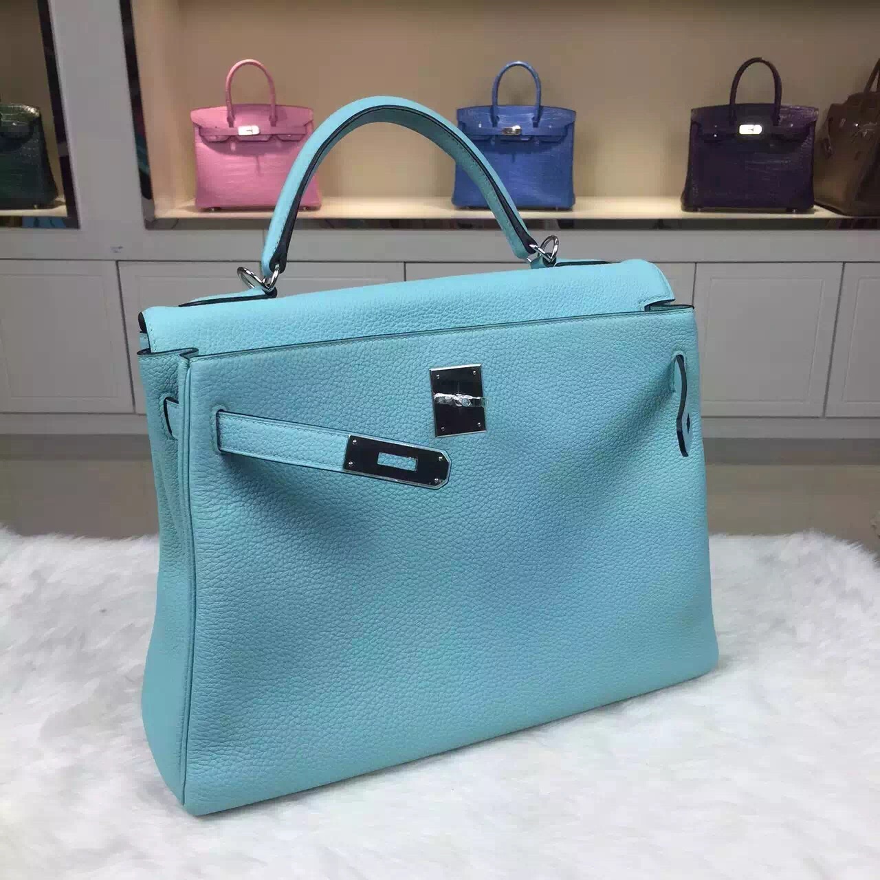 Hand Stitching Hermes Kelly 32CM Togo Calfskin Leather in 3P Lagon Blue