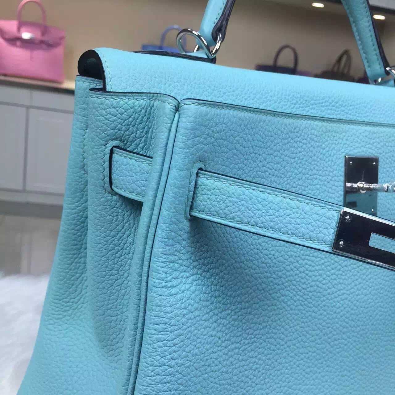 Hand Stitching Hermes Kelly 32CM Togo Calfskin Leather in 3P Lagon Blue