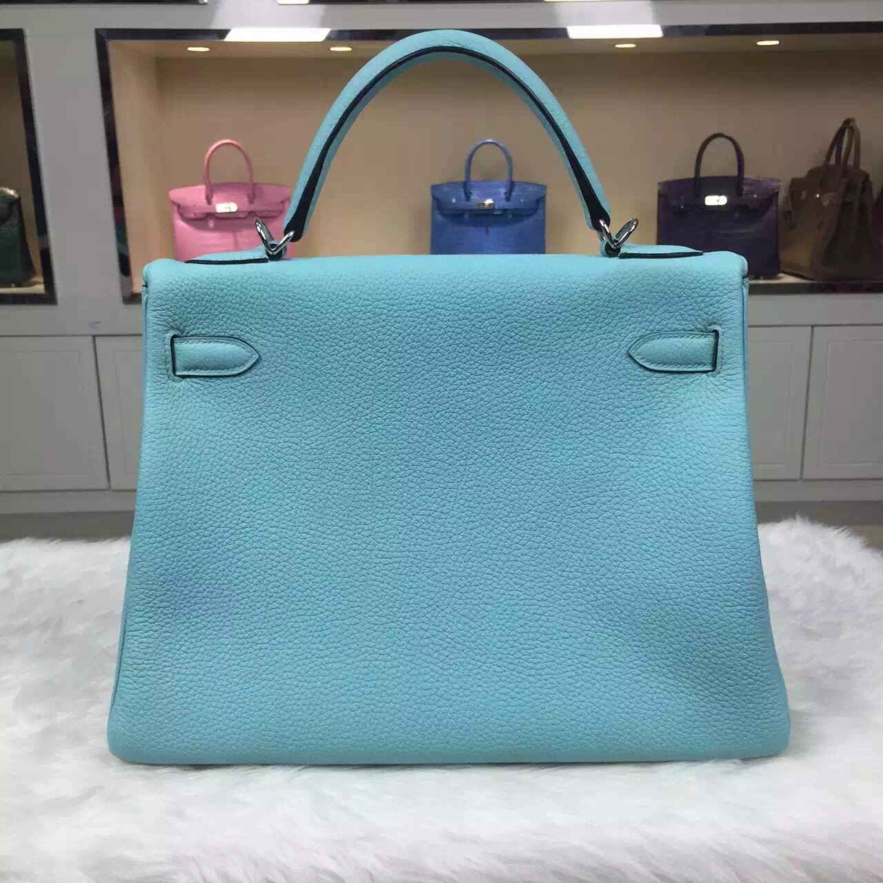 Hand Stitching Hermes Kelly 32CM Togo Calfskin Leather in 3P Lagon Blue