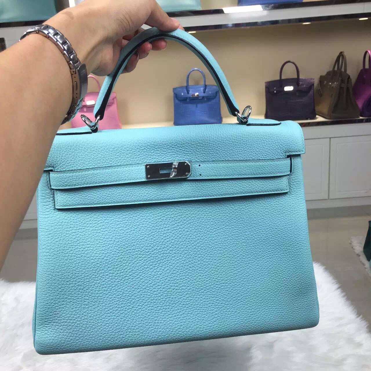 Hand Stitching Hermes Kelly 32CM Togo Calfskin Leather in 3P Lagon Blue