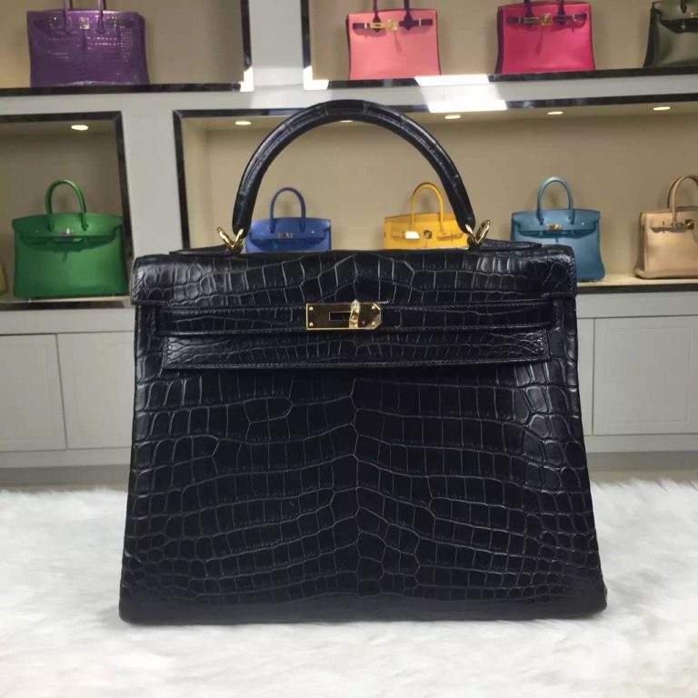 Hermes Kelly Bag  32CM CK89 Black Crocodile Skin Leather Womens Handbag