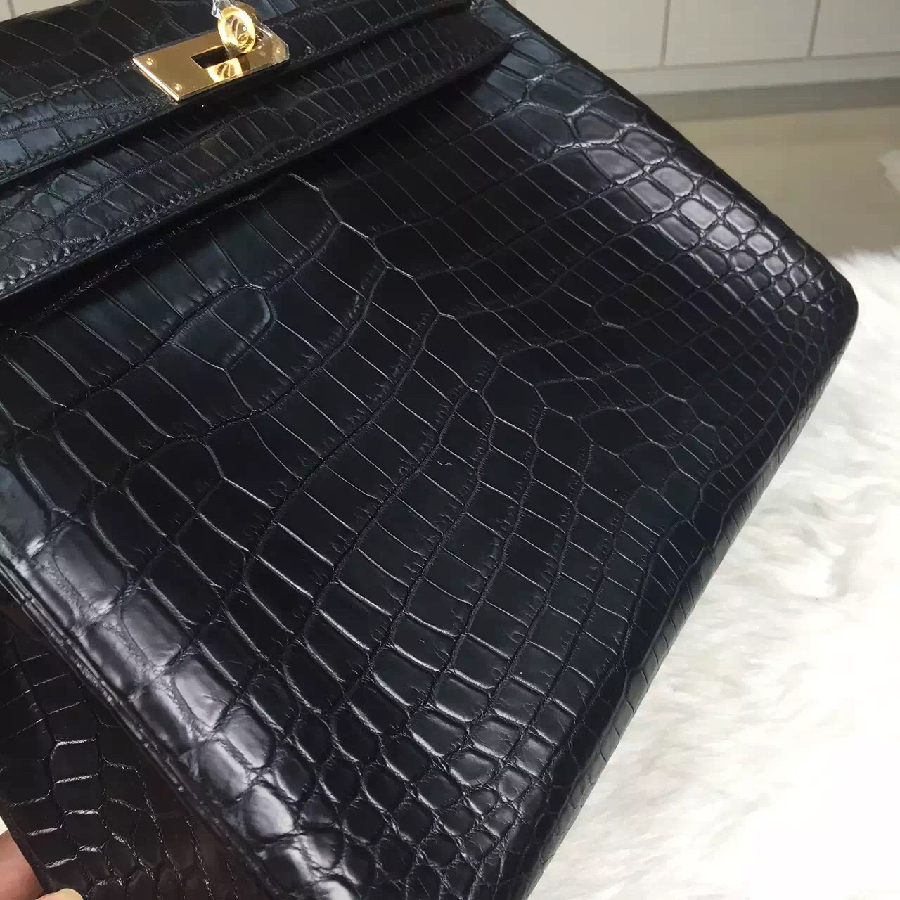 Hot Sale Hermes Kelly Bag 32CM CK89 Black Crocodile Skin Leather Women&#8217;s Handbag