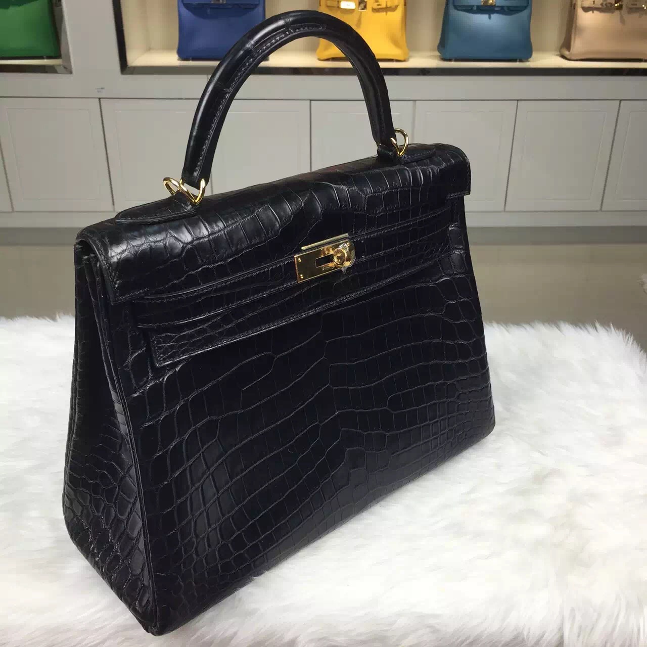 Hot Sale Hermes Kelly Bag 32CM CK89 Black Crocodile Skin Leather Women&#8217;s Handbag