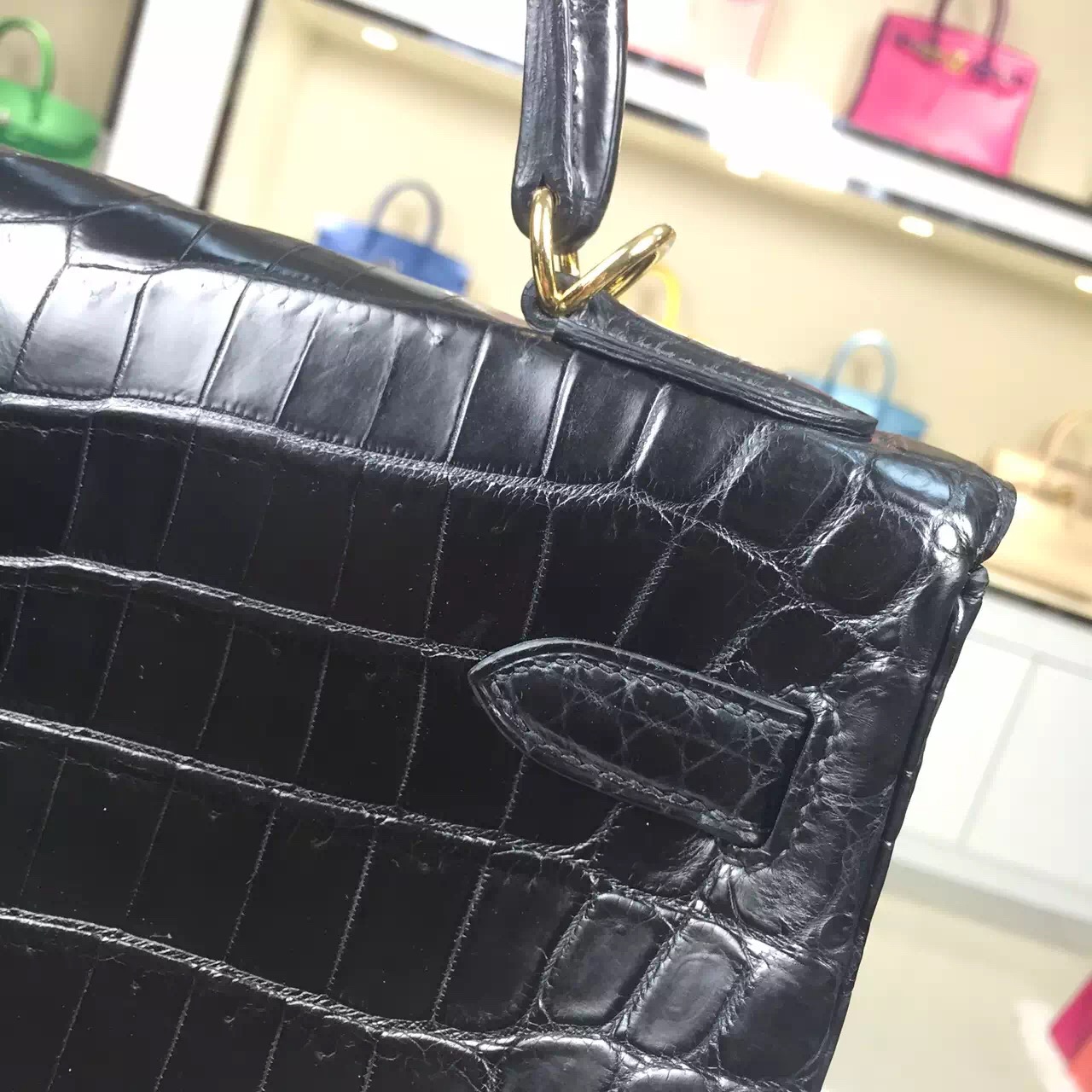 Hot Sale Hermes Kelly Bag 32CM CK89 Black Crocodile Skin Leather Women’s Handbag
