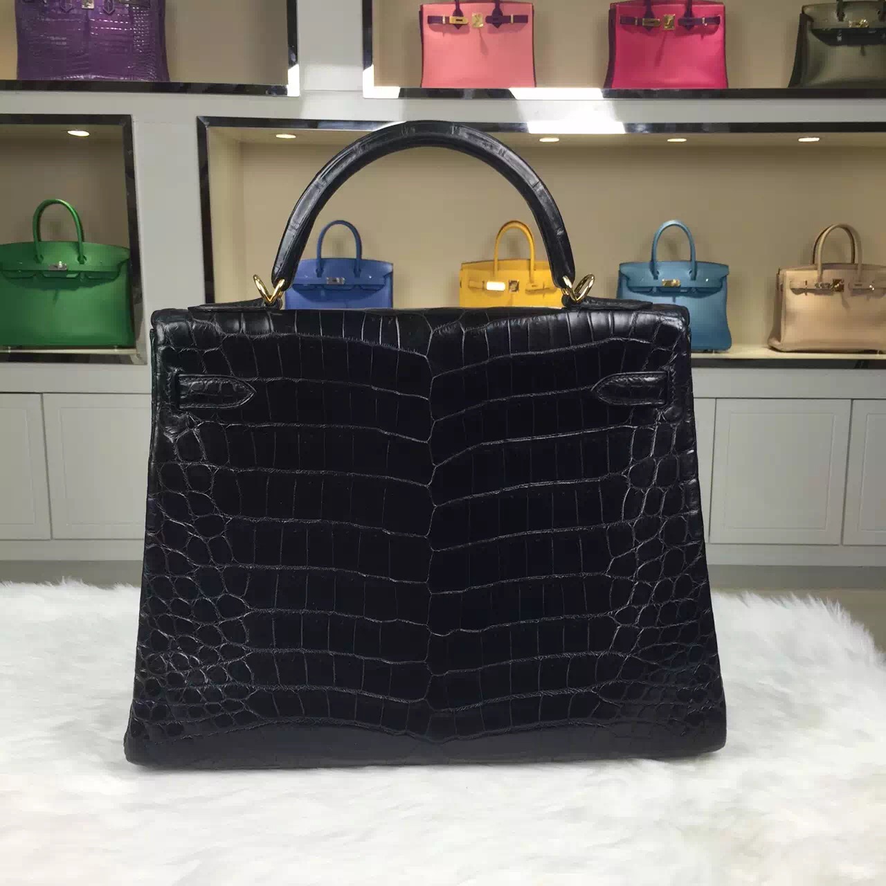 Hot Sale Hermes Kelly Bag 32CM CK89 Black Crocodile Skin Leather Women’s Handbag