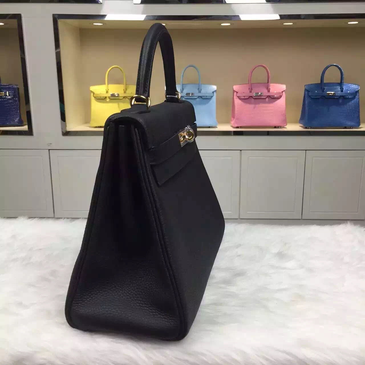 Fashion Women&#8217;s Bag Hermes CK89 Black Togo Leather Kelly Bag32CM Retourne