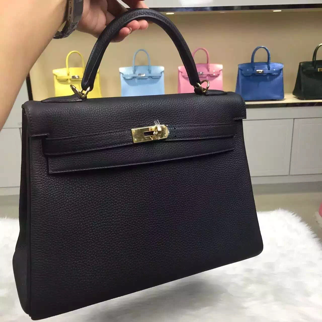 Fashion Women’s Bag Hermes CK89 Black Togo Leather Kelly Bag32CM Retourne