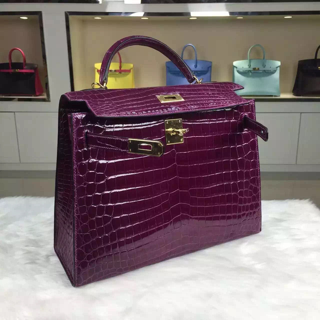 Online Shopping Hermes Crocodile Shiny Skin Kelly32CM in Grape Purple