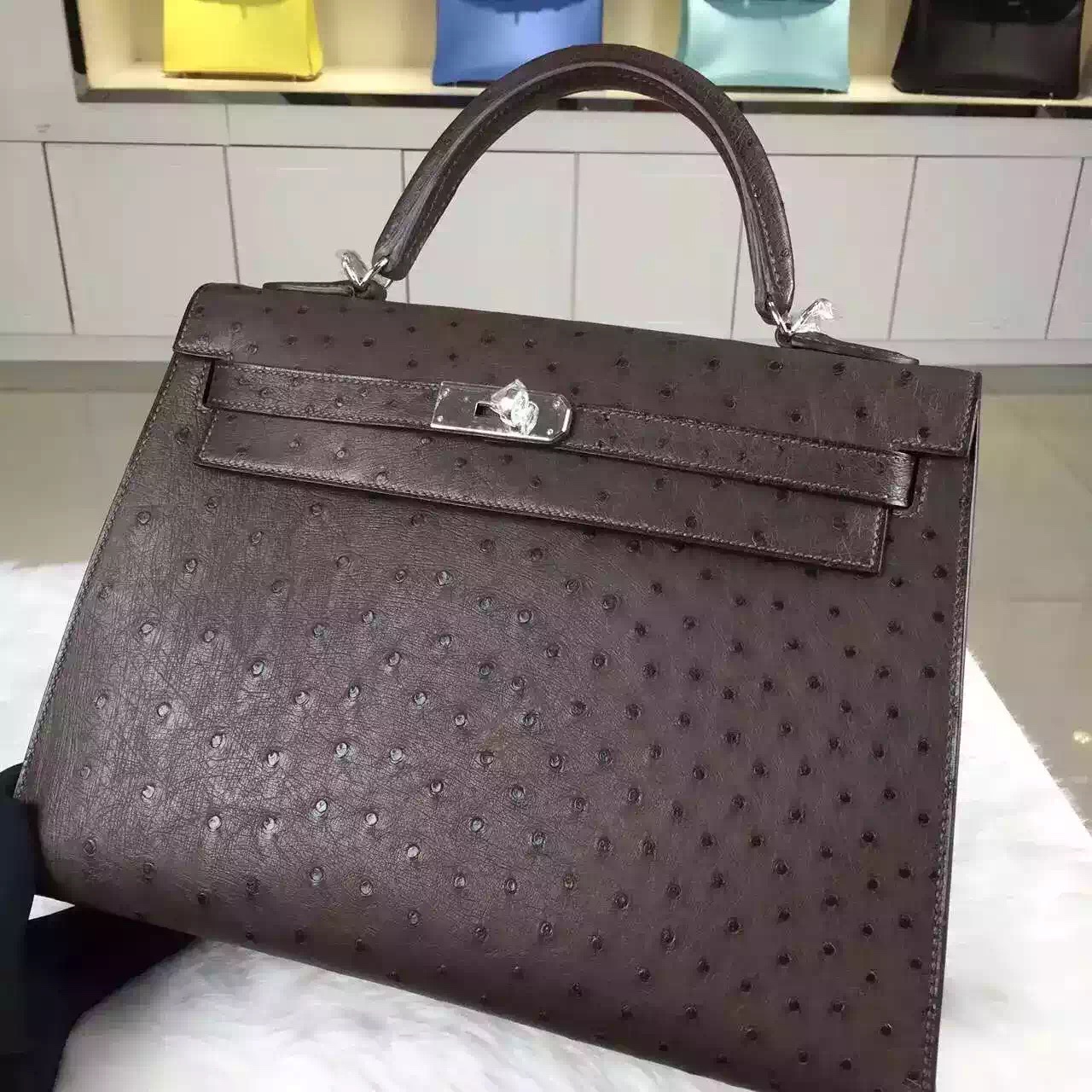 Luxury Hermes Kelly32CM Grey France Original Ostrich Leather Women&#8217;s Tote Bag