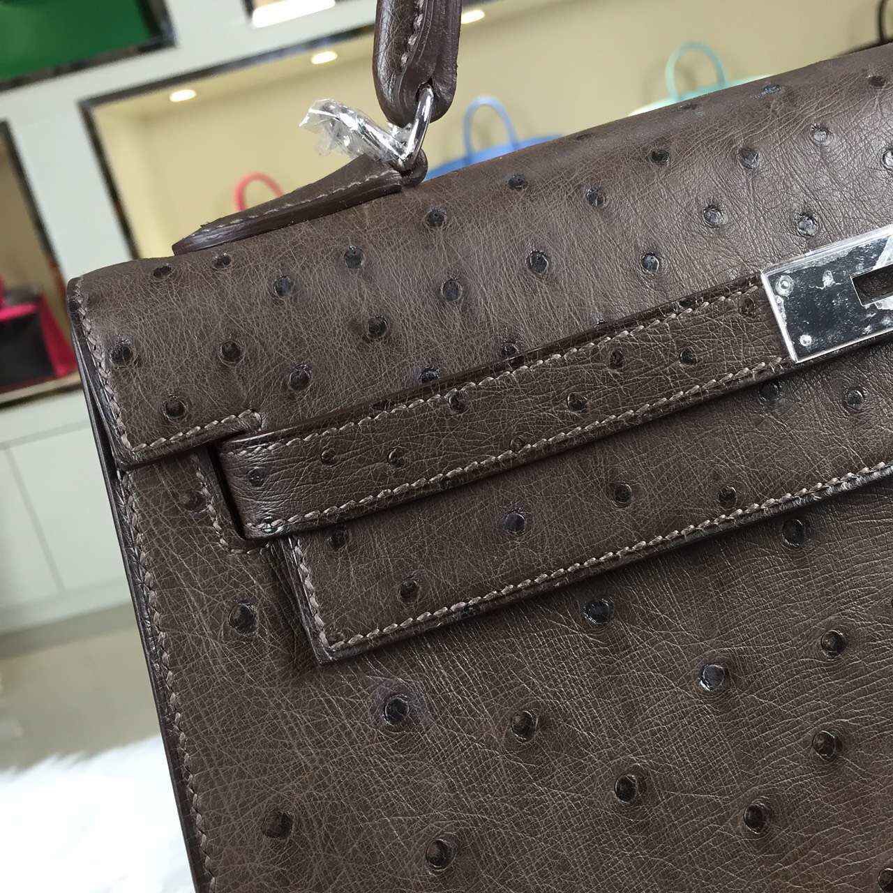 Luxury Hermes Kelly32CM Grey France Original Ostrich Leather Women&#8217;s Tote Bag
