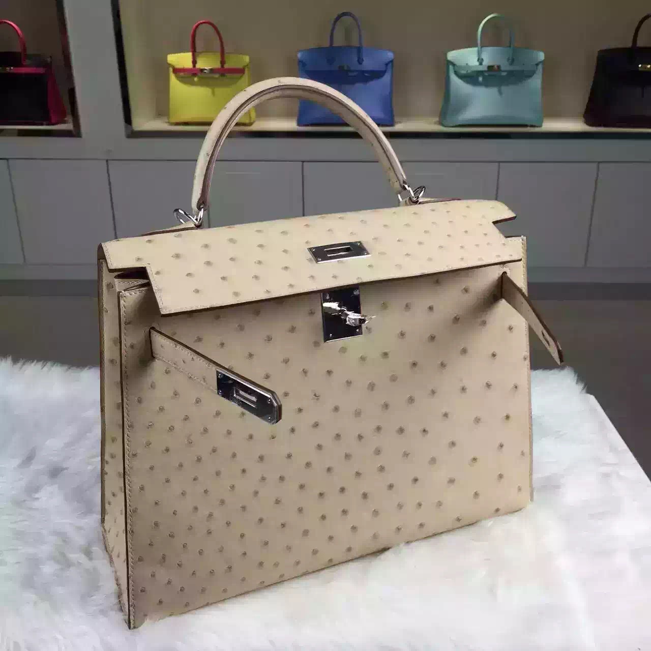 New Fashion Women’s Handbag Hermes Ostrich Leather Kelly32CM in Apricot Silver Hardware