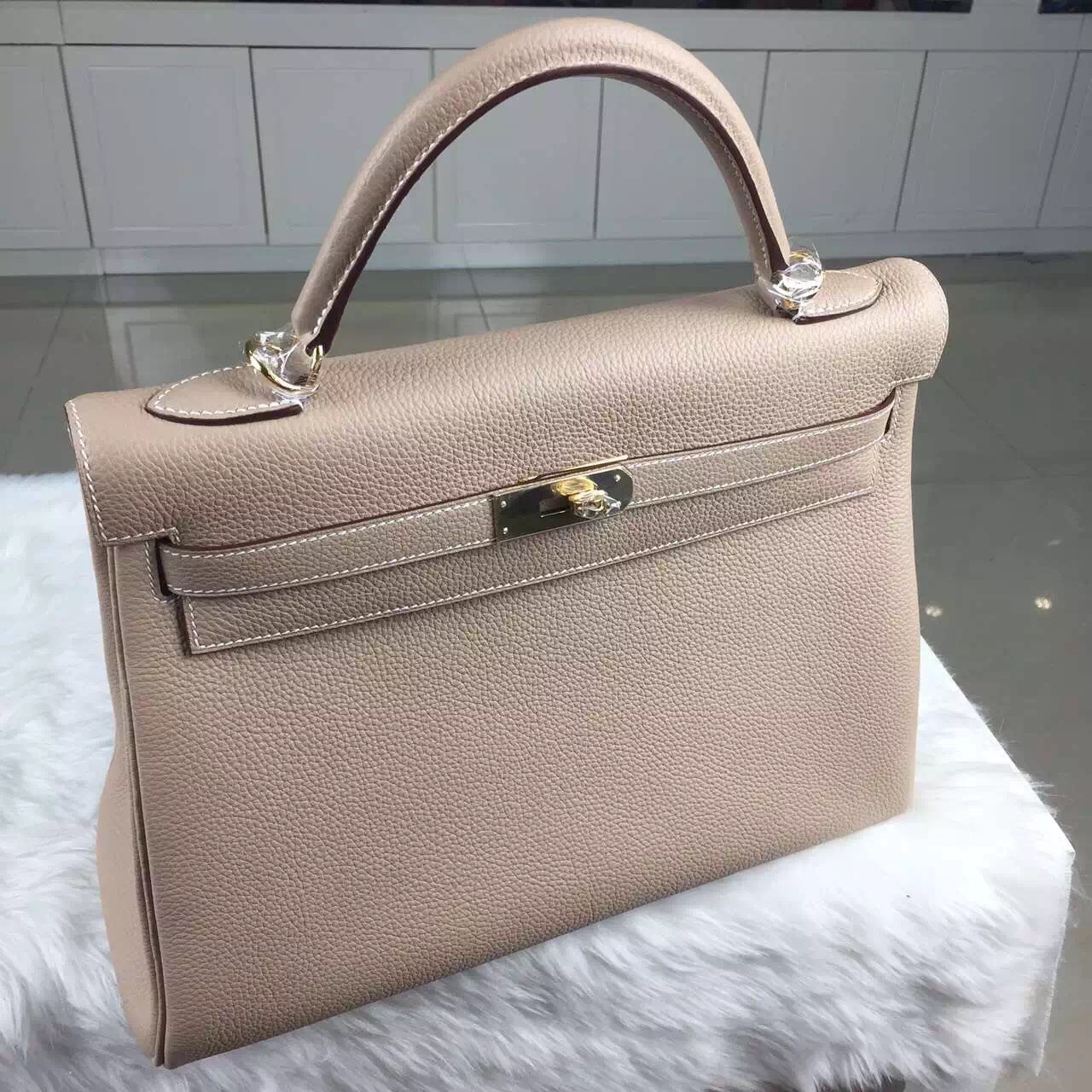 Online Store Hermes 1F Diamond Grey Togo Calfskin Leather Kelly Bag32CM Gold Hardware