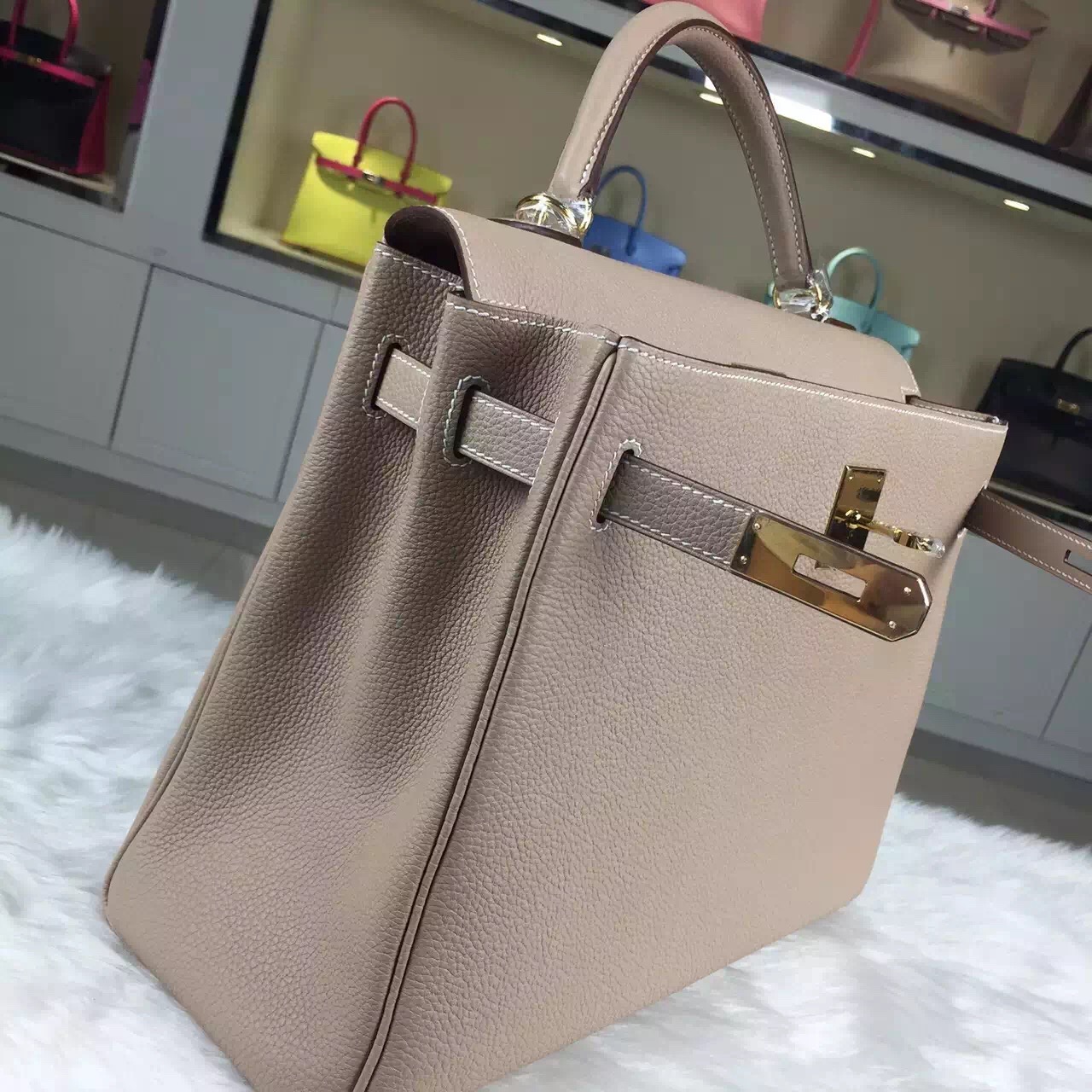 Online Store Hermes 1F Diamond Grey Togo Calfskin Leather Kelly Bag32CM Gold Hardware