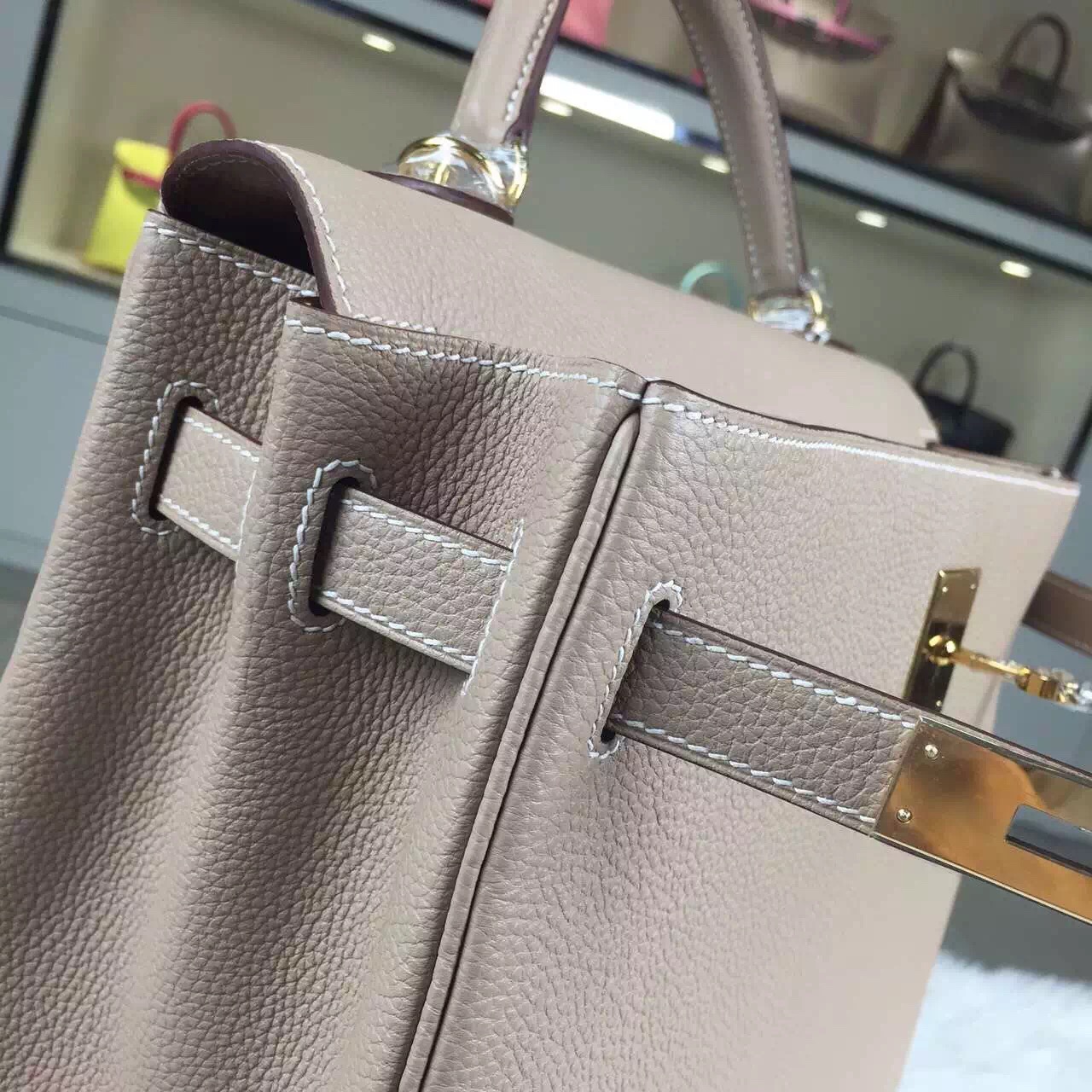 Online Store Hermes 1F Diamond Grey Togo Calfskin Leather Kelly Bag32CM Gold Hardware