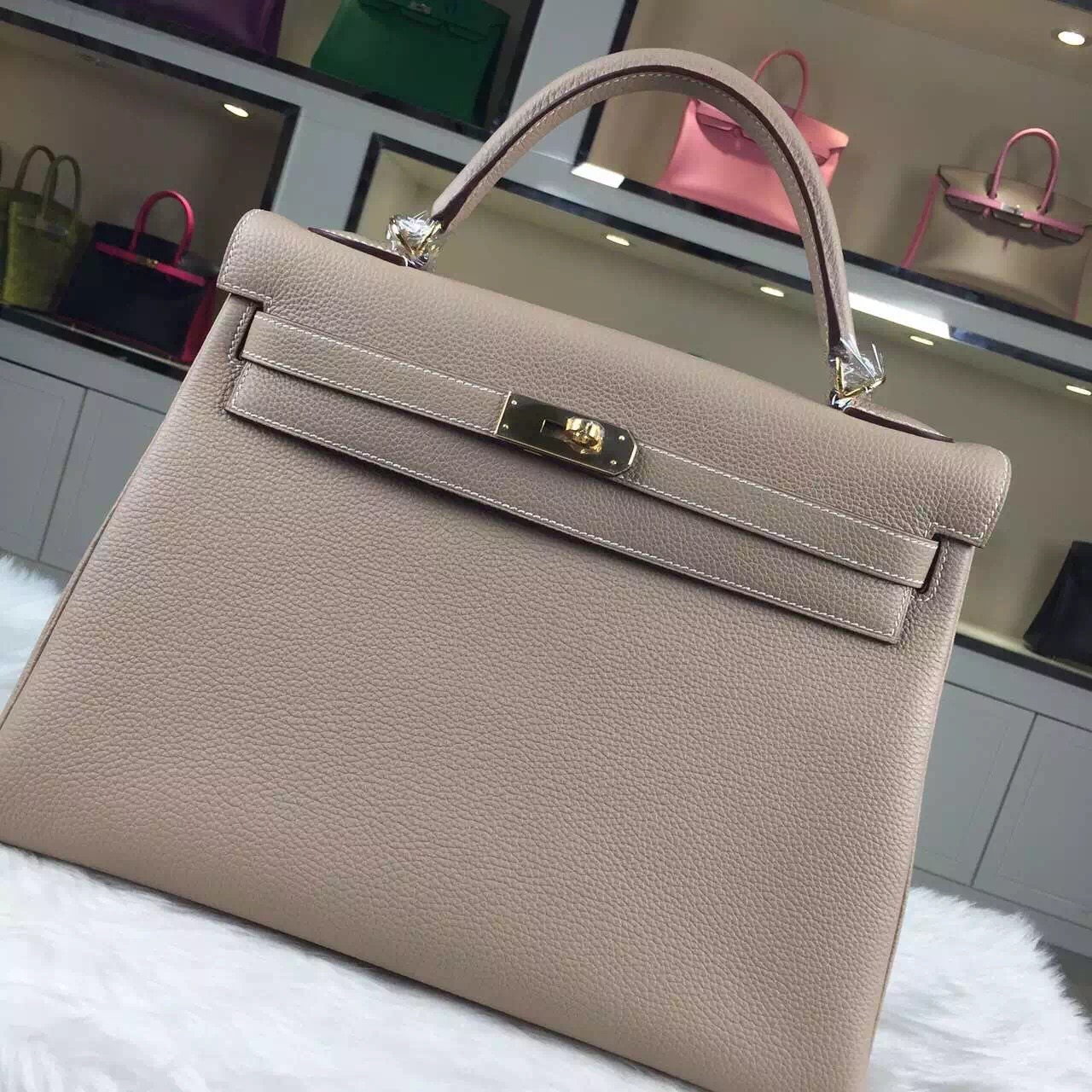 Online Store Hermes 1F Diamond Grey Togo Calfskin Leather Kelly Bag32CM Gold Hardware