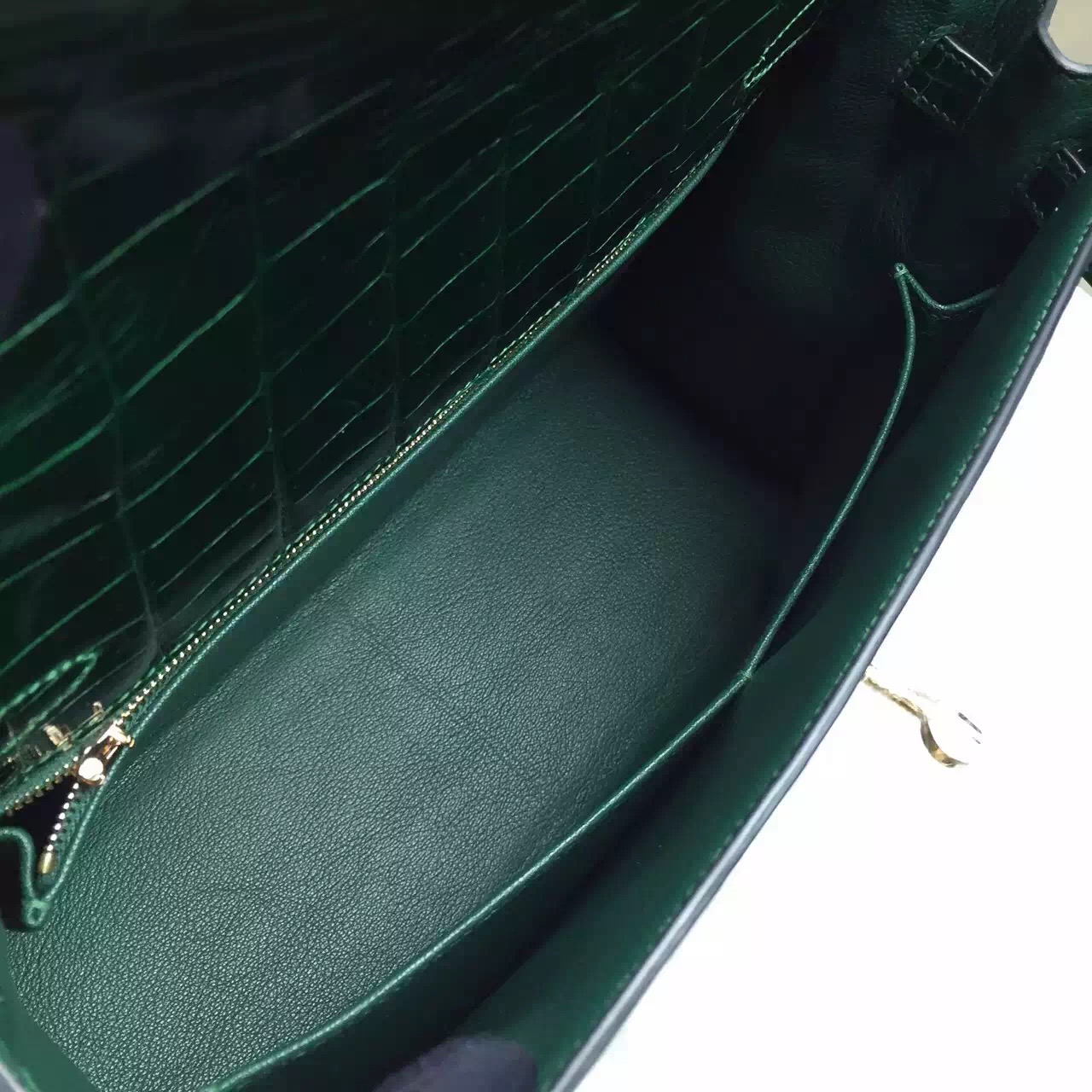 Custom-made Hermes CK67 Vert Fonce HCP Shiny Crocodile Leather Kelly Bag32CM