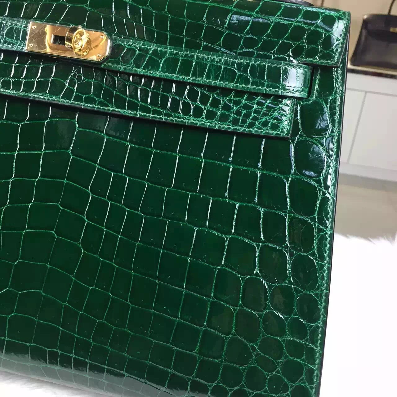 Custom-made Hermes CK67 Vert Fonce HCP Shiny Crocodile Leather Kelly Bag32CM