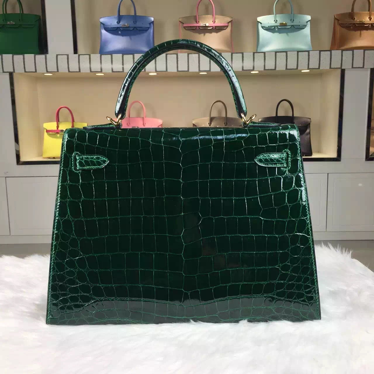 Custom-made Hermes CK67 Vert Fonce HCP Shiny Crocodile Leather Kelly Bag32CM