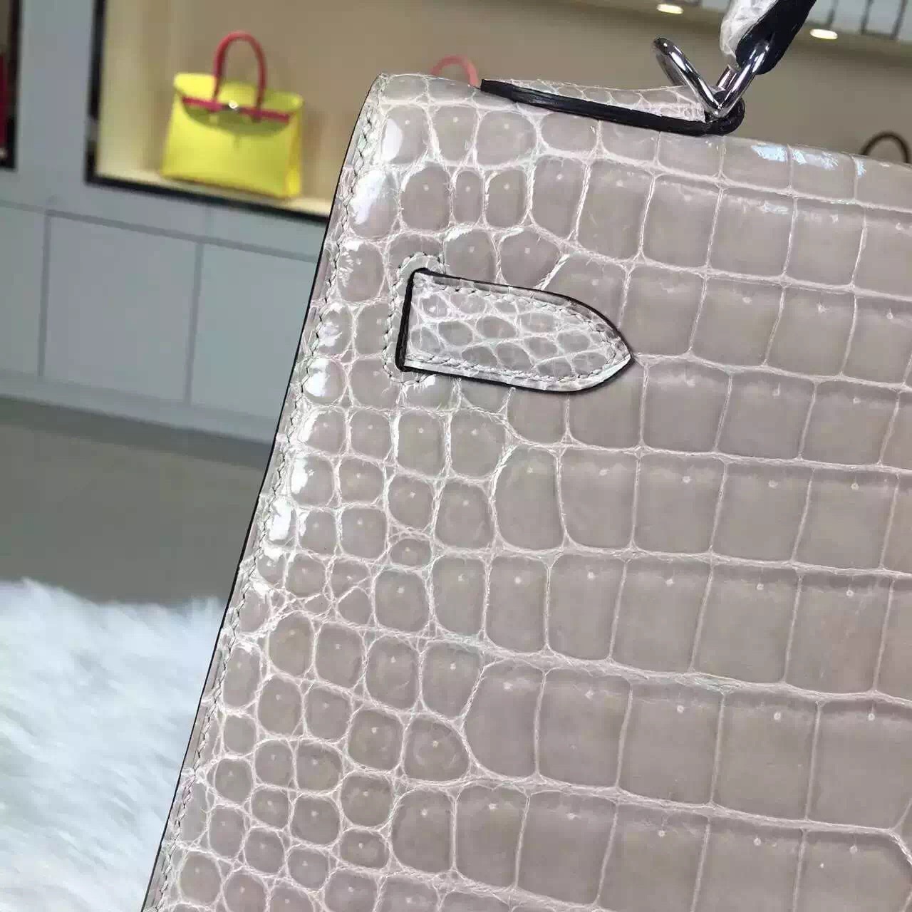 High Quality Hermes Kelly Bag32CM Light Grey HCP Shiny Crocodile Leather Silver Hardware