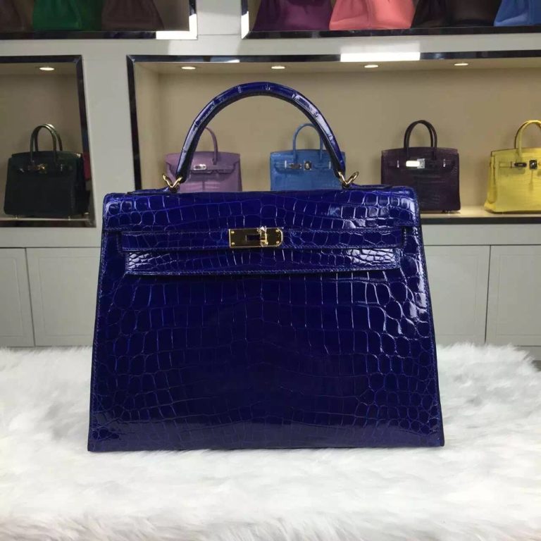 Hermes Kelly 32CM Crocodile Shiny Leather 7T Blue Electric Tote Bag