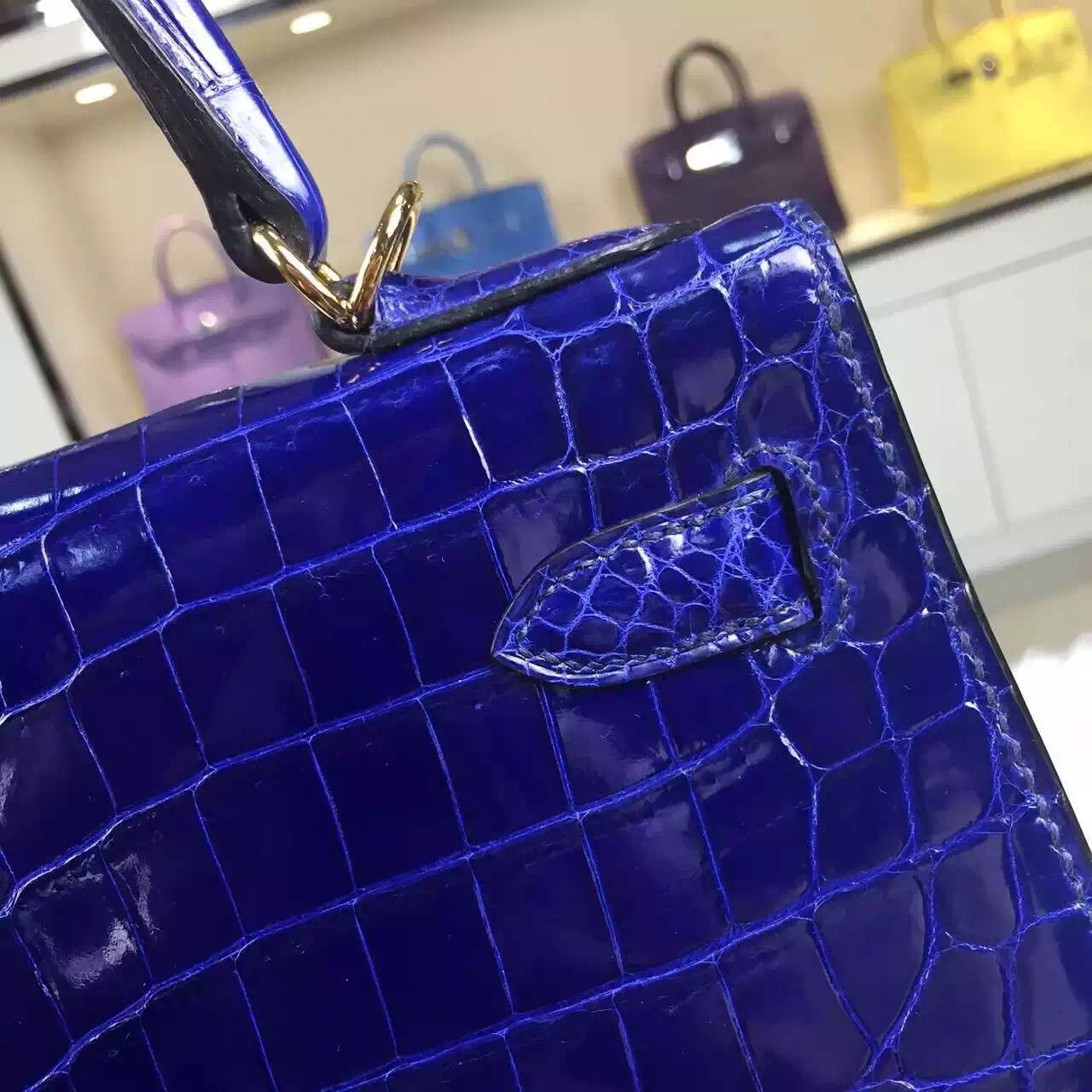 Discount Hermes Kelly32CM Crocodile Shiny Leather 7T Blue Electric Fashion Tote Bag