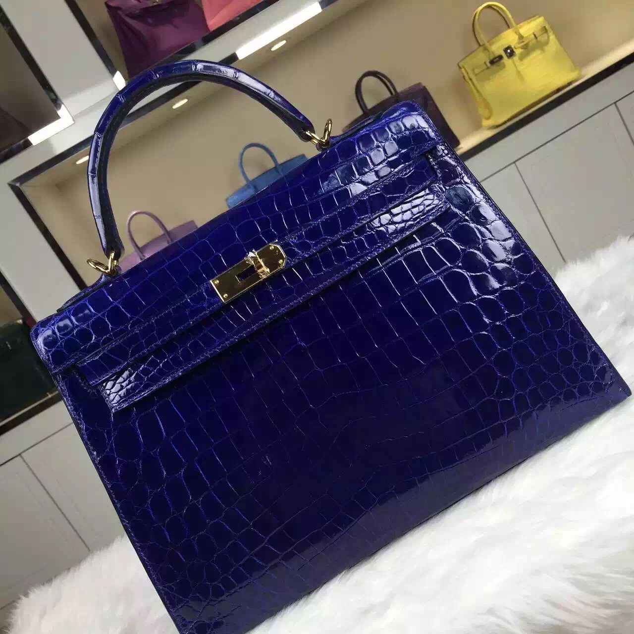 Discount Hermes Kelly32CM Crocodile Shiny Leather 7T Blue Electric Fashion Tote Bag