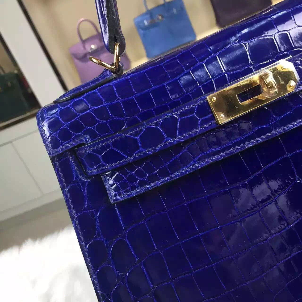 Discount Hermes Kelly32CM Crocodile Shiny Leather 7T Blue Electric Fashion Tote Bag