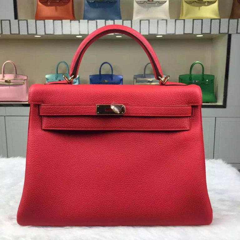 High Quality Hermes Kelly 32 9T Flame Red Togo Leather Womens Bag