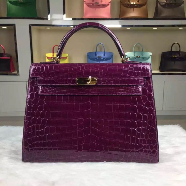 Hermes Kelly 32cm Sellier N5 Cassis Color Shiny Crocodile Leather
