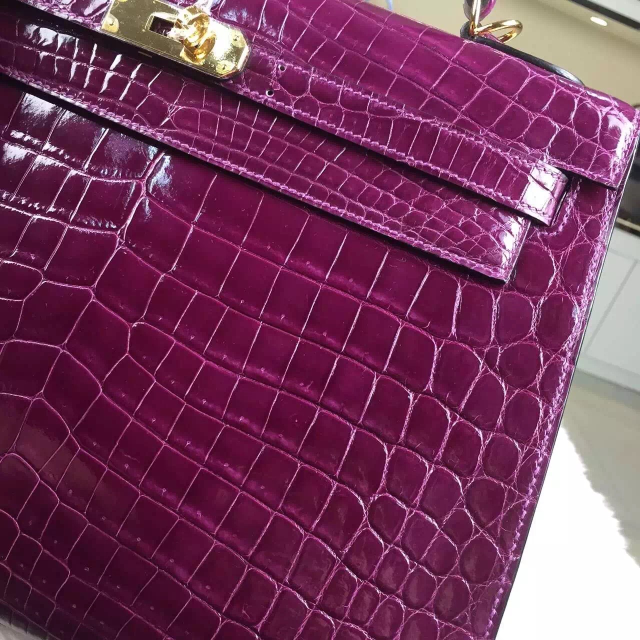 Hermes Kelly32cm Sellier N5 Cassis Color Shiny Crocodile Leather