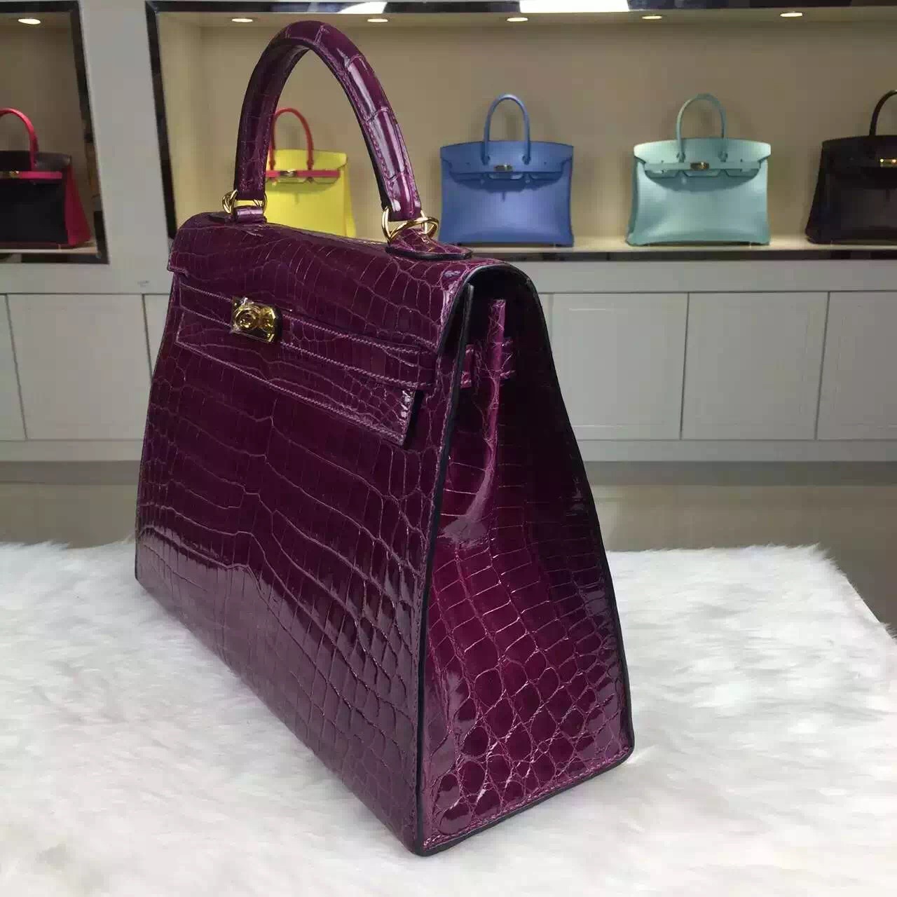 Hermes Kelly32cm Sellier N5 Cassis Color Shiny Crocodile Leather