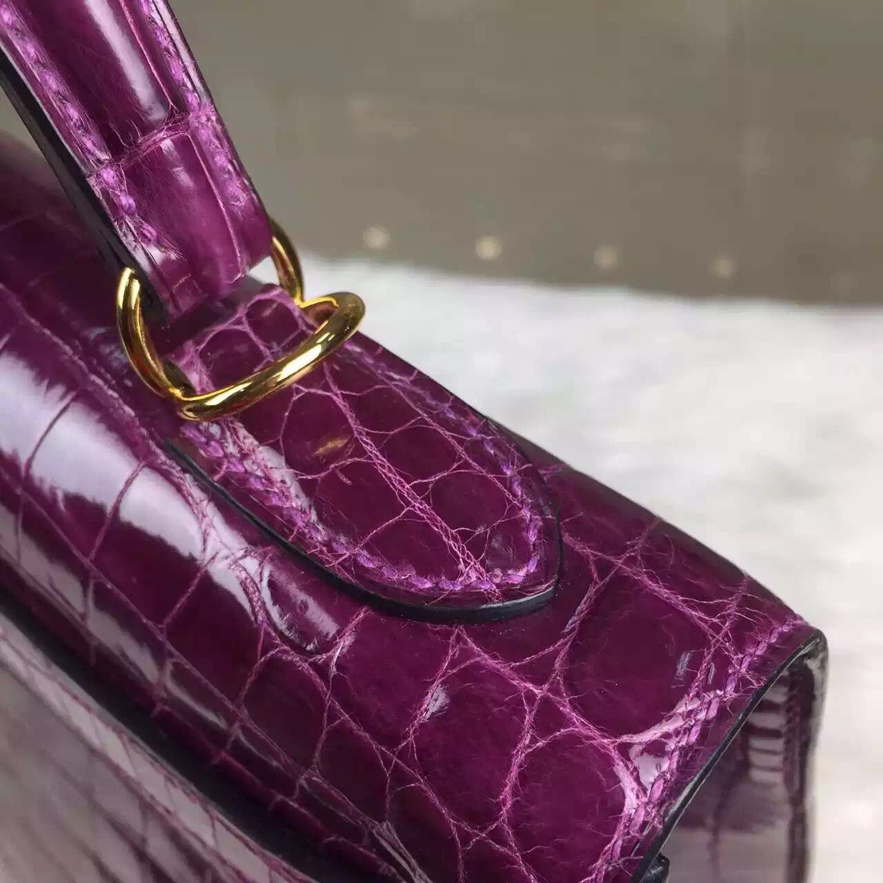 Hermes Kelly32cm Sellier N5 Cassis Color Shiny Crocodile Leather