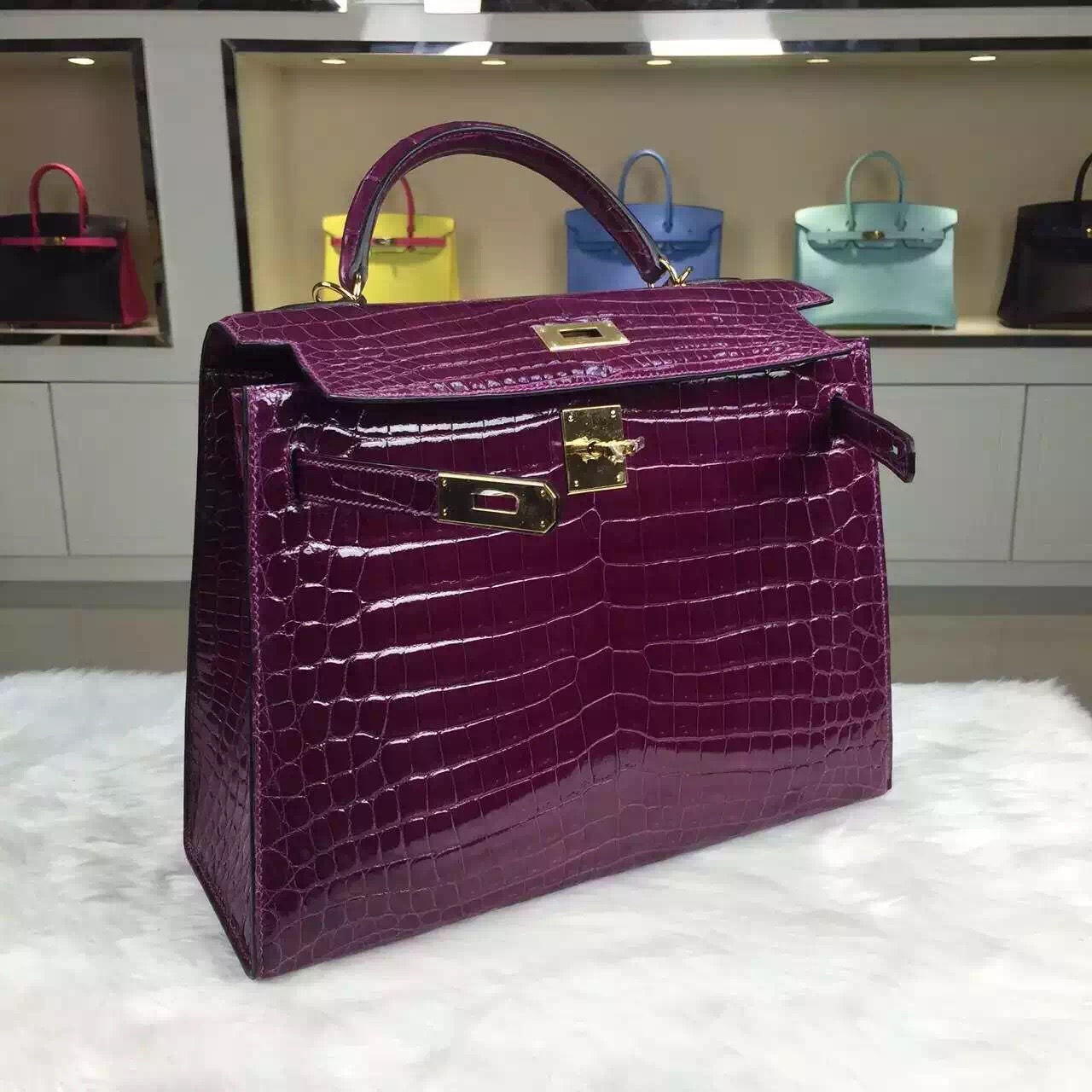 Hermes Kelly32cm Sellier N5 Cassis Color Shiny Crocodile Leather