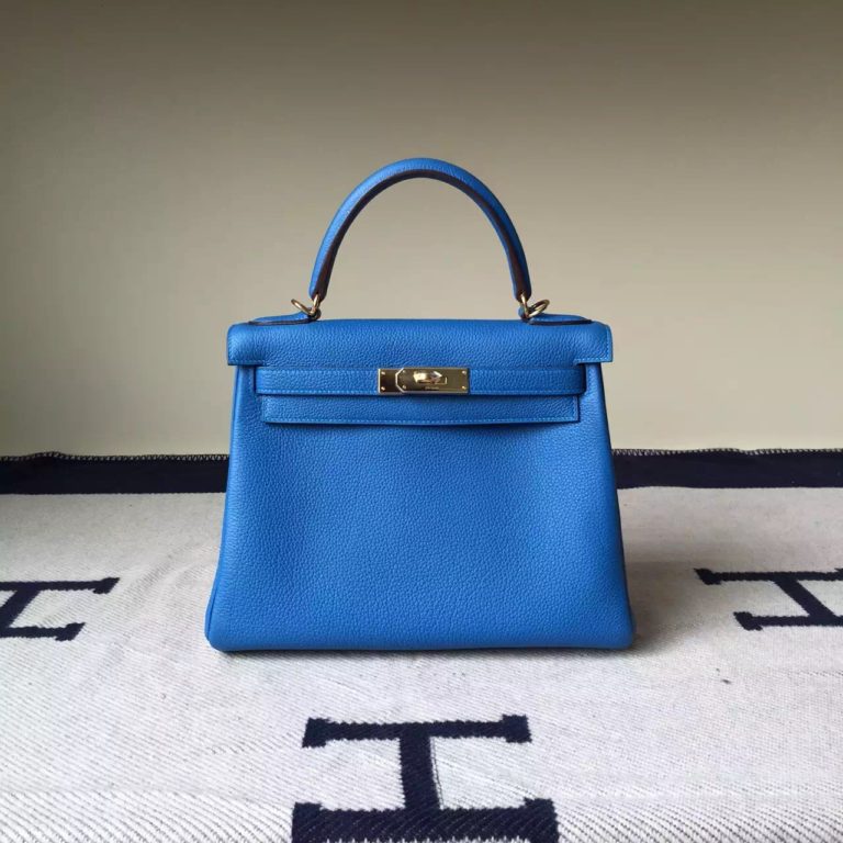 Online Shopping Hermes Togo Leather Kelly 28cm Bag in 7Q Mykono Blue