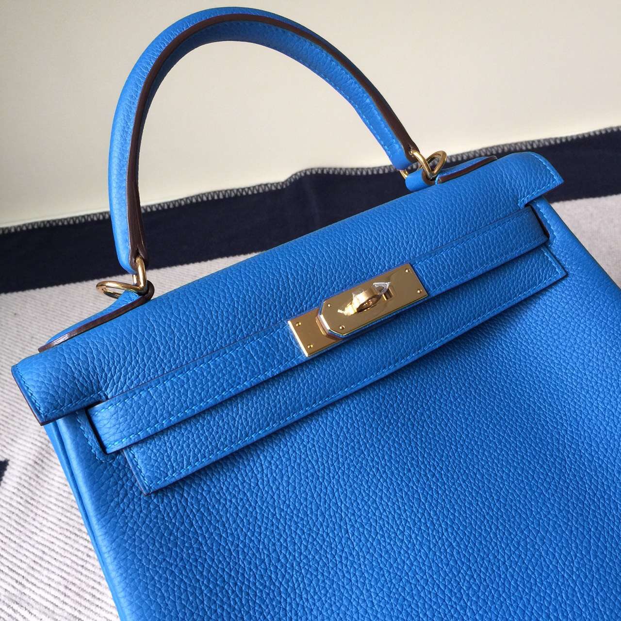 Online Shopping Hermes Togo Leather Kelly28cm Bag in 7Q Mykono Blue