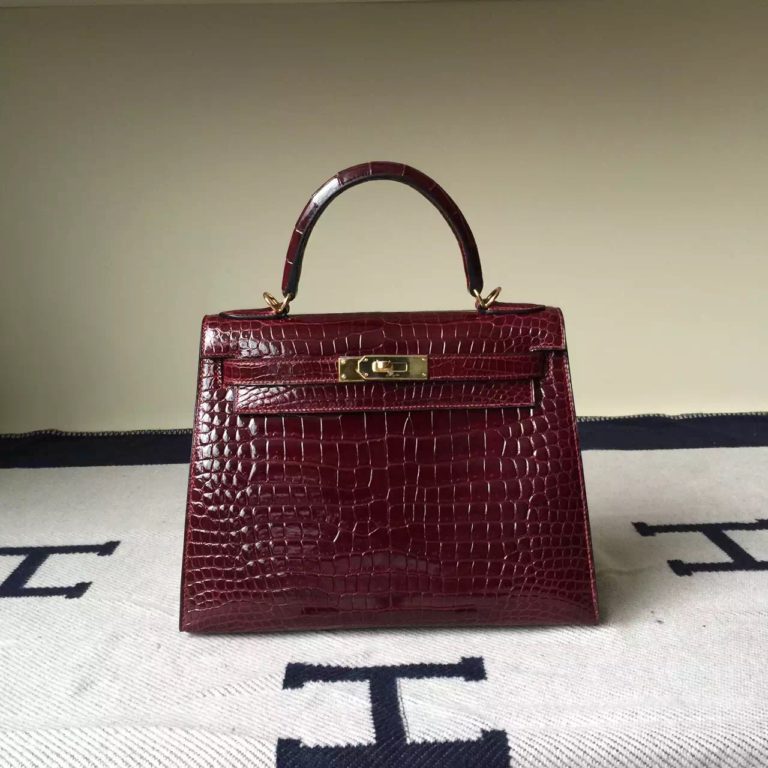 Hand Stitching Hermes CK57 Bordeaux Crocodile Shiny Leather Sellier Kelly 28CM